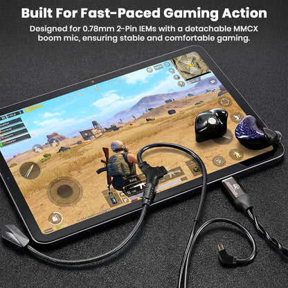 AUDIOCULAR BOOM-X Gaming Cable with detachable MMCX boom mic and 0.78mm 2-pin IEMs designed for fast-paced mobile gaming.