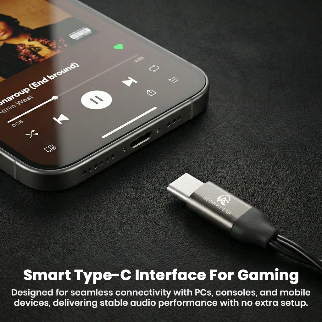 AUDIOCULAR BOOM-X Gaming Cable with USB Type-C interface for seamless connection to PCs, consoles, and mobile devices.