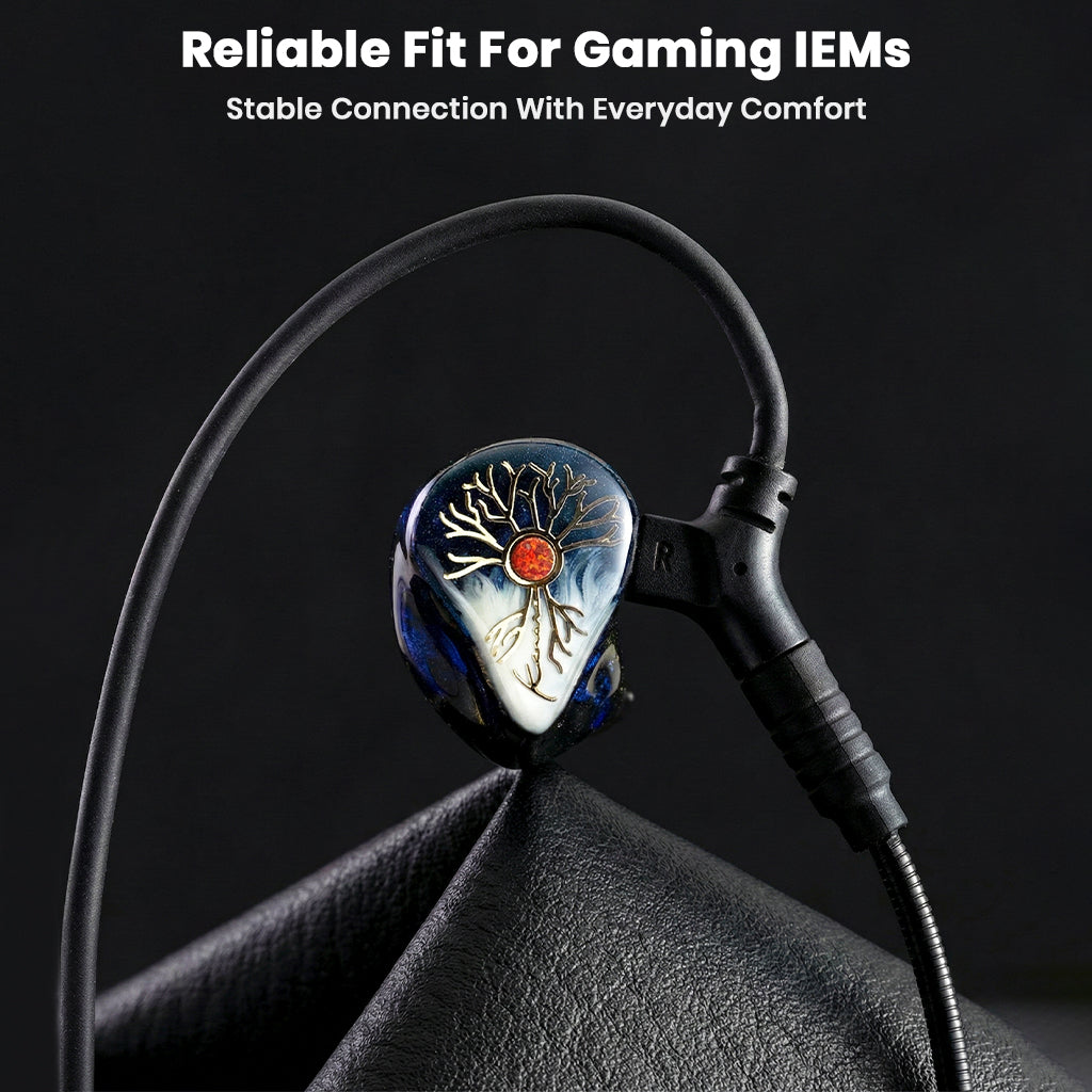 AUDIOCULAR BOOM-X Gaming Cable connected to IEMs with ergonomic fit for stable and comfortable long-term gaming sessions.