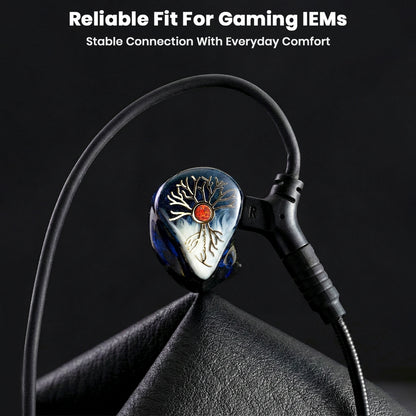 AUDIOCULAR BOOM-X Gaming Cable connected to IEMs with ergonomic fit for stable and comfortable long-term gaming sessions.