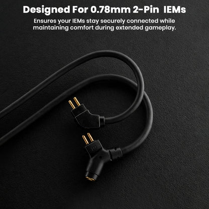 Close-up of AUDIOCULAR BOOM-X Gaming Cable's 0.78mm 2-pin connectors designed for secure and comfortable IEM fit.