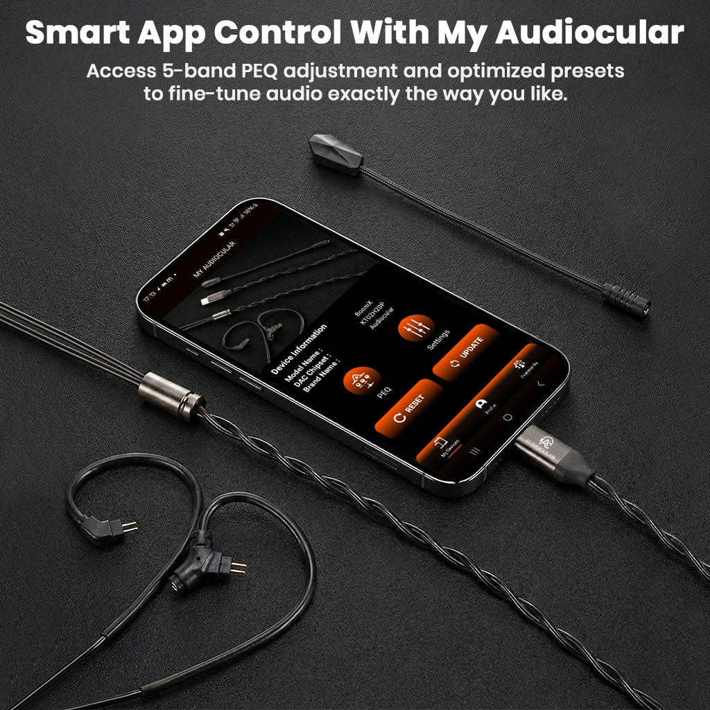 AUDIOCULAR BOOM-X Gaming Cable with My Audiocular app for 5-band PEQ control and audio customization via smartphone.