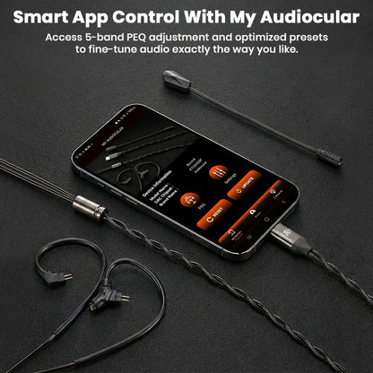 AUDIOCULAR BOOM-X Gaming Cable with My Audiocular app for 5-band PEQ control and audio customization via smartphone.