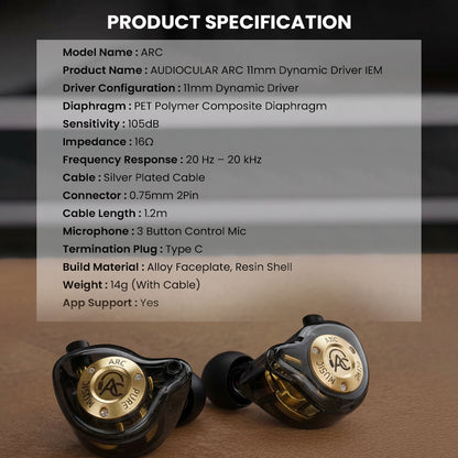 AUDIOCULAR ARC 11mm dynamic driver IEM specifications