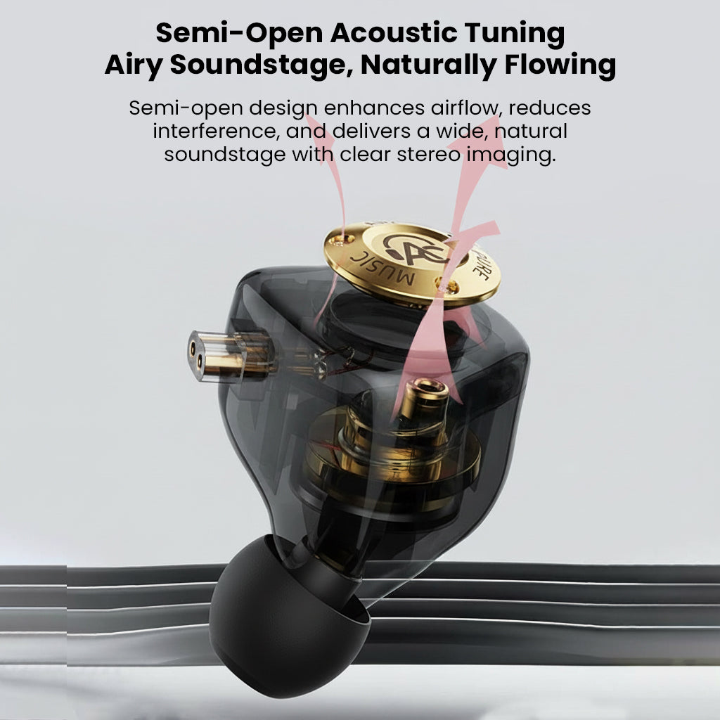 Semi-open acoustic IEM with natural airflow and stereo sound