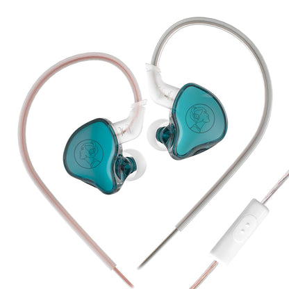 AUDIOCULAR BR 10mm Dynamic Driver IEM with over-ear transparent cable and teal earpieces, ideal for high-fidelity audio performance.