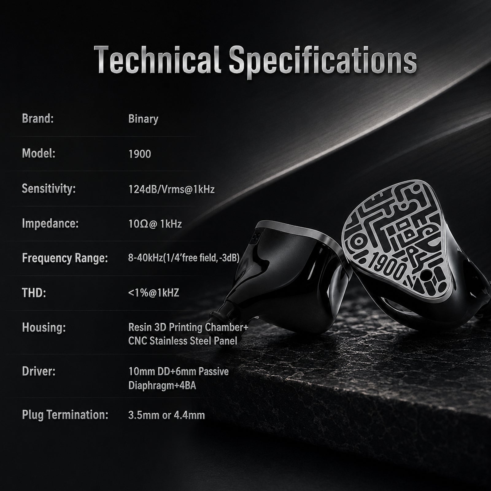 Binary Acoustics - 1900 10mm DD + 6mm Passive Radiator + 4BA Hybrid IEMs