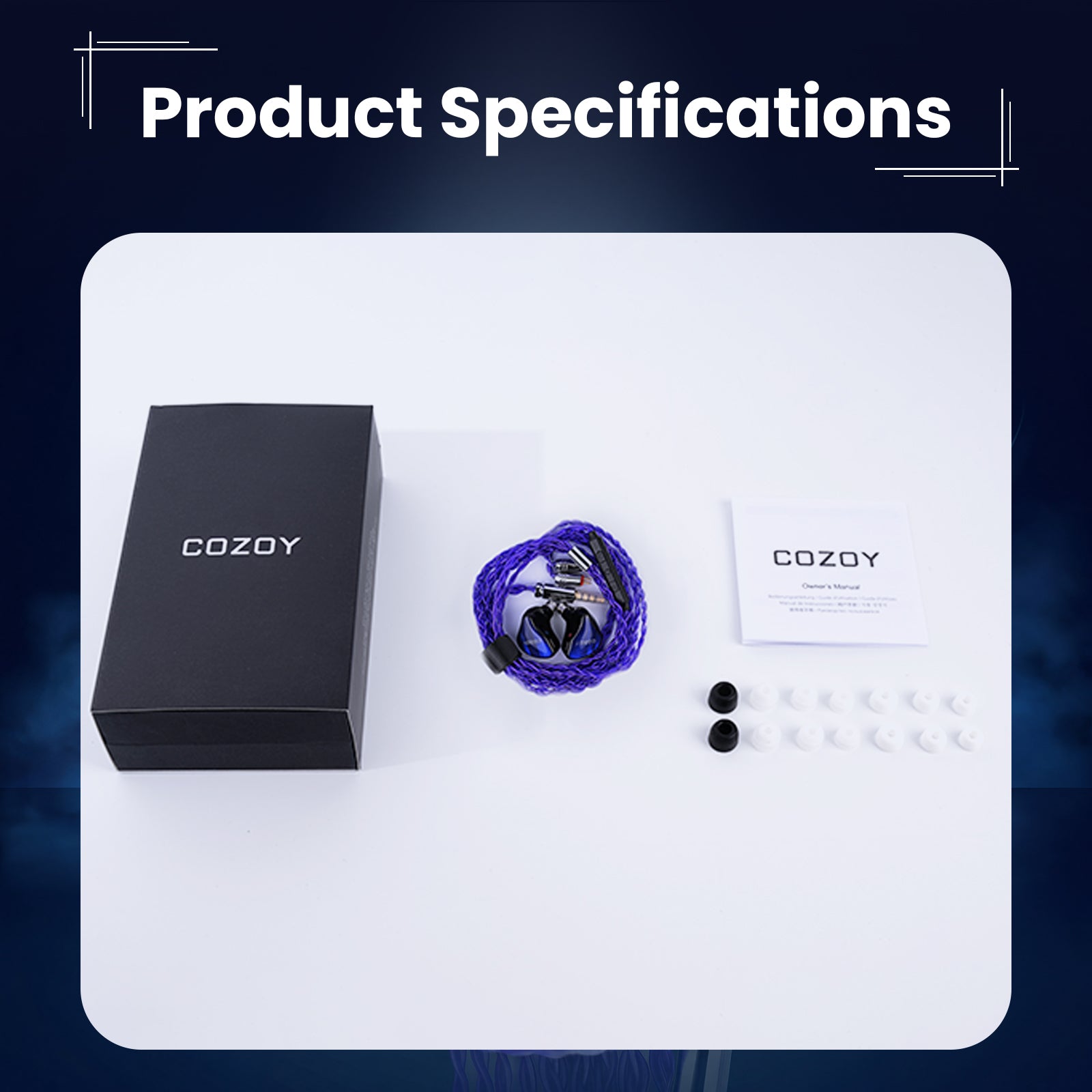 Product specifications sheet for COZOY in-ear monitor with accessories