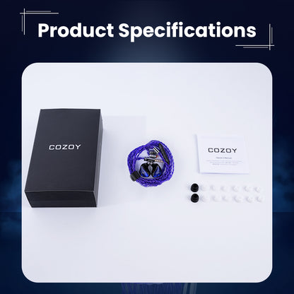 Product specifications sheet for COZOY in-ear monitor with accessories