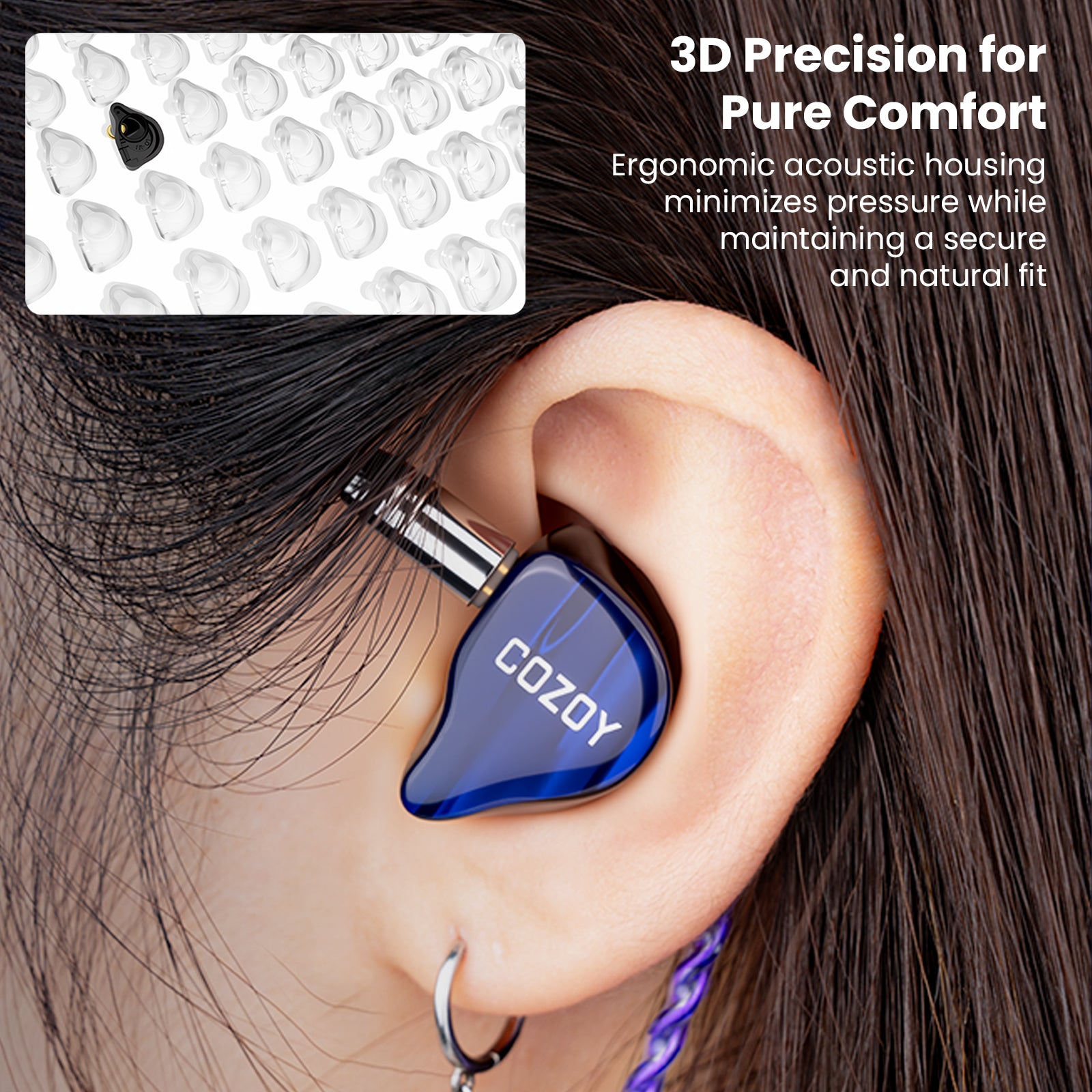 Person wearing COZOY D1 in-ear monitors for immersive sound