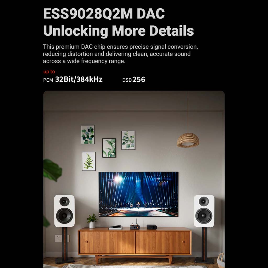 The Fosi Audio comes equipped with the ESS9028Q2M DAC chip, which ensures precise signal conversion and reducing distortion