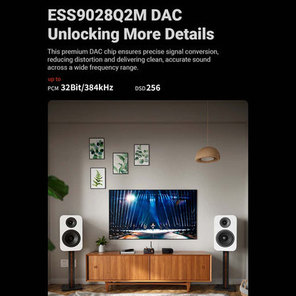The Fosi Audio comes equipped with the ESS9028Q2M DAC chip, which ensures precise signal conversion and reducing distortion
