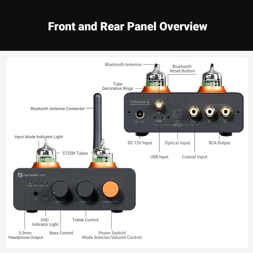 The Fosi Audio has different controls and features on both front and rear panel