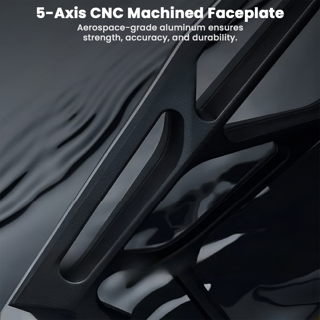 5-axis CNC machined faceplate with aerospace-grade aluminum text on a dark background