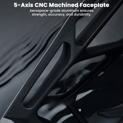 5-axis CNC machined faceplate with aerospace-grade aluminum text on a dark background