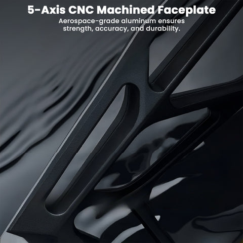 5-axis CNC machined faceplate with aerospace-grade aluminum text on a dark background