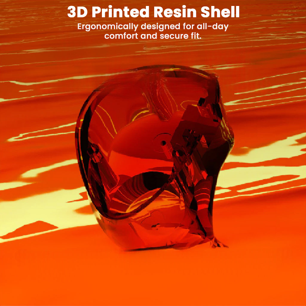 3D printed resin shell on an orange background with text about comfort and fit.