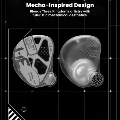 In-ear monitor with mecha-inspired design on a grid background