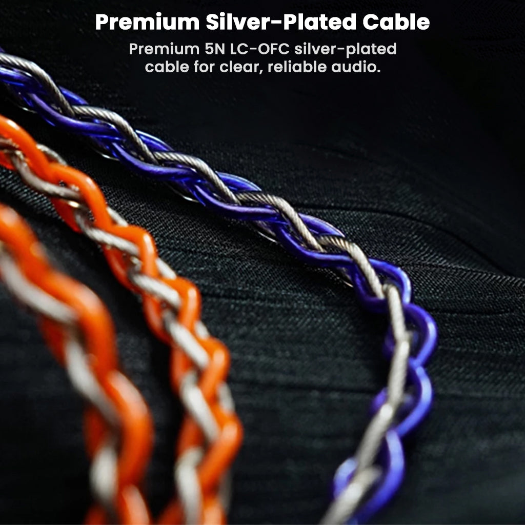 Close-up of silver-plated cables with text on a black background