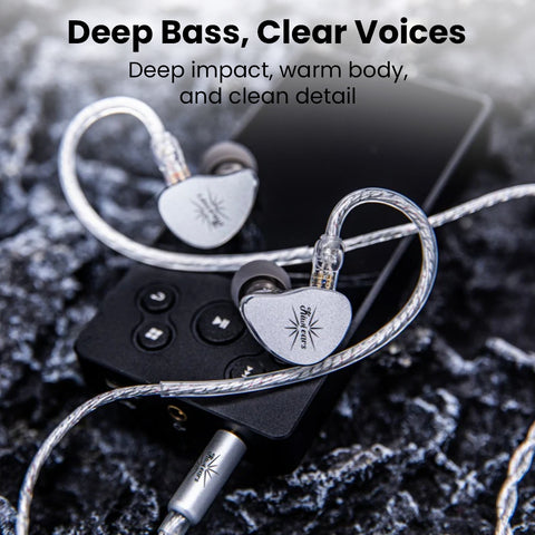 KiwiEars Belle IEMs shown with audio player, highlighting deep bass and clear vocals for immersive sound quality and portable listening.