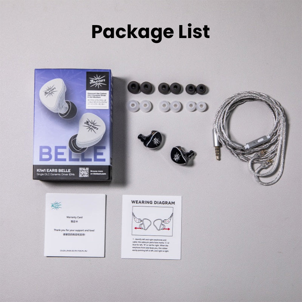 Complete KiwiEars Belle IEM package with ear tips, cable, user manual, and warranty card, ideal for audiophiles and casual users.