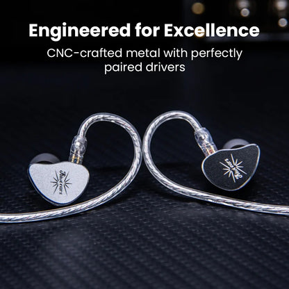 KiwiEars Belle IEMs in silver and black with CNC-crafted metal faceplates, engineered for premium audio clarity and durability.