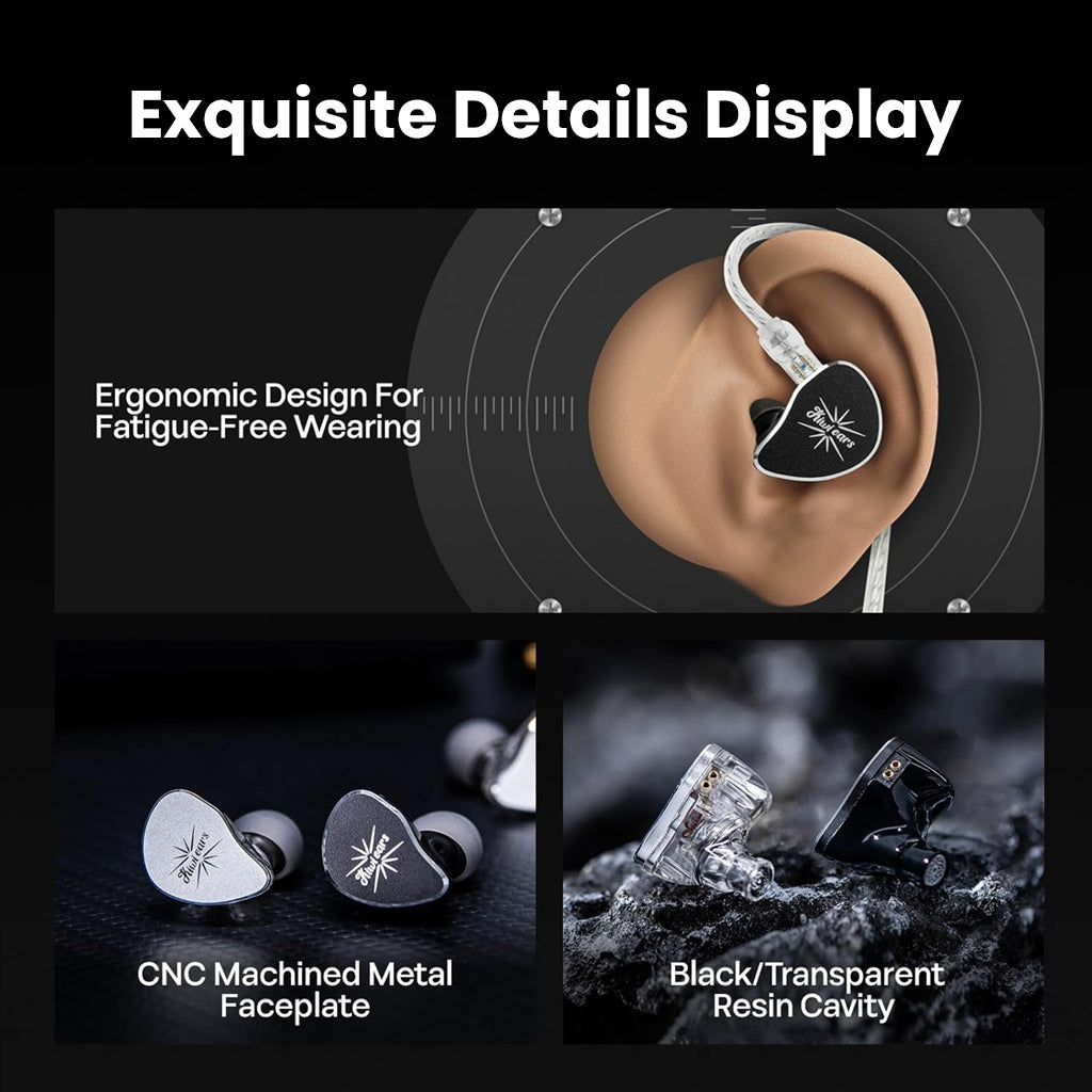 KiwiEars Belle IEM ergonomic fit display with CNC metal faceplate and resin cavity for fatigue-free, high-quality audio experience.