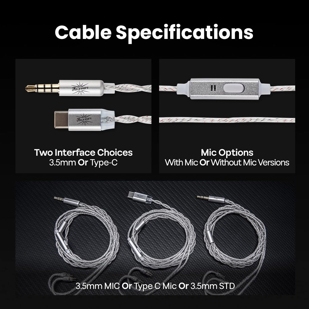 Cable options for KiwiEars Belle IEMs including 3.5mm and Type-C with or without mic, supporting flexible audio connectivity.