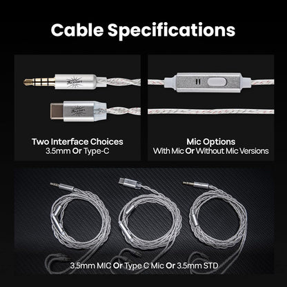 Cable options for KiwiEars Belle IEMs including 3.5mm and Type-C with or without mic, supporting flexible audio connectivity.