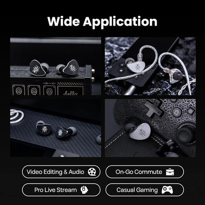 KiwiEars Belle IEMs used in various scenarios like gaming, commuting, live streaming, and editing, showcasing wide application.
