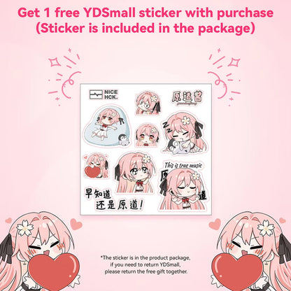 Free YDSmall anime-themed sticker sheet included with purchase of NiceHCK-YDSmall earphones, featuring cute character designs.