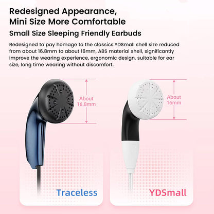 Comparison of NiceHCK-YDSmall and Traceless earphones, highlighting compact 16mm shell for improved comfort and sleep-friendly use.