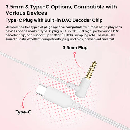 NiceHCK-YDSmall earphones with 3.5mm and Type-C plug options, featuring built-in DAC chip for high-fidelity audio output.