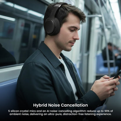 Man wearing ROSESELSA Cambrian Over Ear Wireless Headphones on subway, highlighting hybrid noise cancellation with 5 silicon crystal mics.