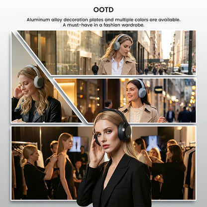 Fashion-forward individuals wearing ROSESELSA Cambrian headphones in various outfits, emphasizing style and aluminum alloy design plates.