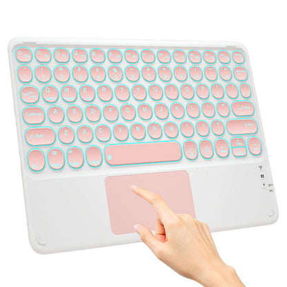 Pink TECPHILE 250D Wireless Keyboard with hand gesture on touchpad, featuring backlit keys and slim design.
