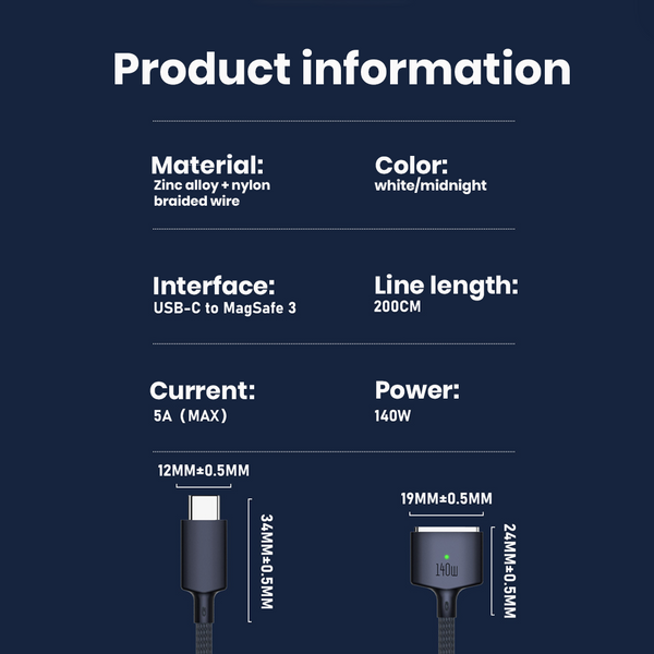 TECPHILE - 140W Magsafe3 to Type C Fast Charging Cable - 6