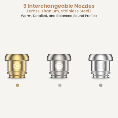 Three interchangeable nozzles in brass, titanium, and stainless steel for TANCHJIM Fission IEMs, offering customizable sound profiles.