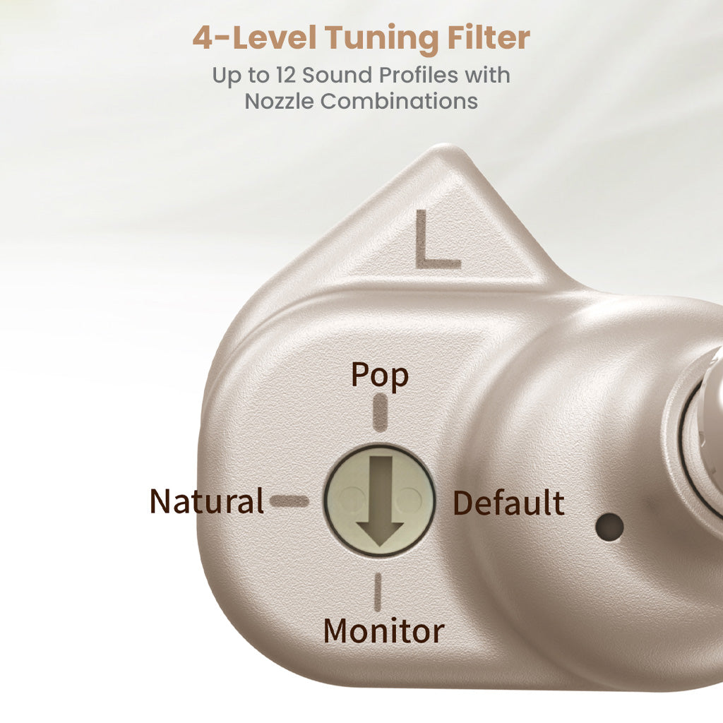 TANCHJIM Fission IEMs feature a 4-level tuning filter with selectable sound modes: Natural, Pop, Default, and Monitor for personalized audio.