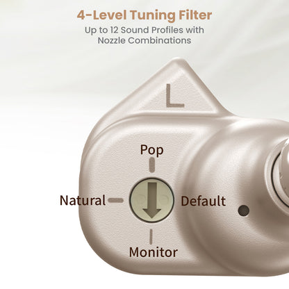 TANCHJIM Fission IEMs feature a 4-level tuning filter with selectable sound modes: Natural, Pop, Default, and Monitor for personalized audio.