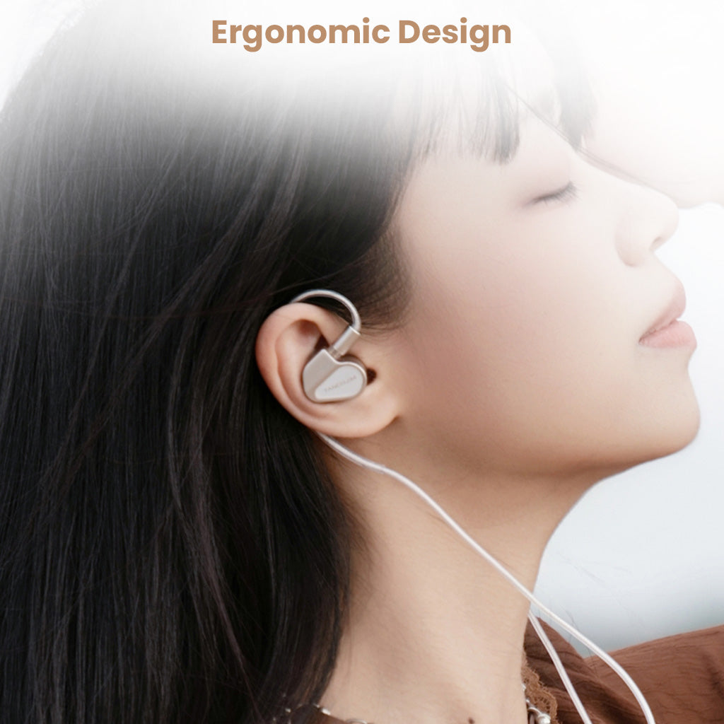 Side profile of a woman enjoying music with TANCHJIM Fission IEMs, emphasizing ergonomic design and immersive audio experience.