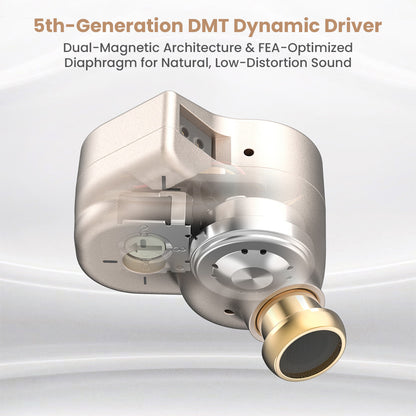 Close-up of TANCHJIM Fission's 5th-gen DMT dynamic driver with dual-magnetic architecture for low-distortion, natural sound reproduction.