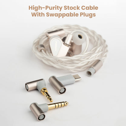 High-purity stock cable with swappable plugs for TANCHJIM Fission IEMs, including 3.5mm, 4.4mm, and Type-C connectors for versatile use.