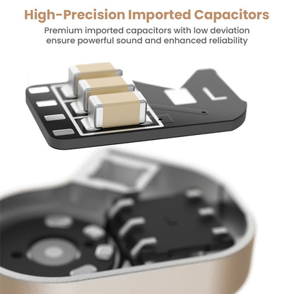 Internal view of TANCHJIM Fission IEMs highlighting high-precision imported capacitors for enhanced sound quality and reliability.