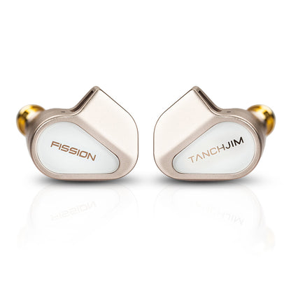 TANCHJIM Fission 5th-Generation DMT Dynamic Driver IEMs with sleek aluminum alloy shell and sapphire mirror-finished faceplates for premium audio.