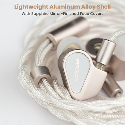 Close-up of TANCHJIM Fission IEMs with lightweight aluminum alloy shell and braided cable, designed for comfort and durability.