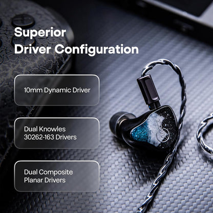 Close-up of ZiiGaat Horizon IEM highlighting 10mm dynamic driver, dual Knowles BA, and dual planar drivers for superior audio performance.