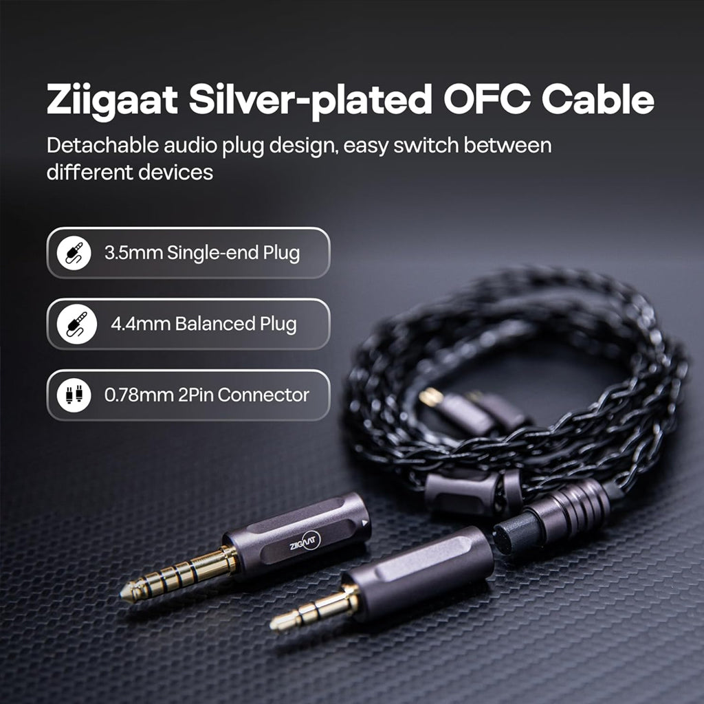 ZiiGaat silver-plated OFC cable with 3.5mm, 4.4mm plugs and 0.78mm 2-pin connector for versatile device compatibility.