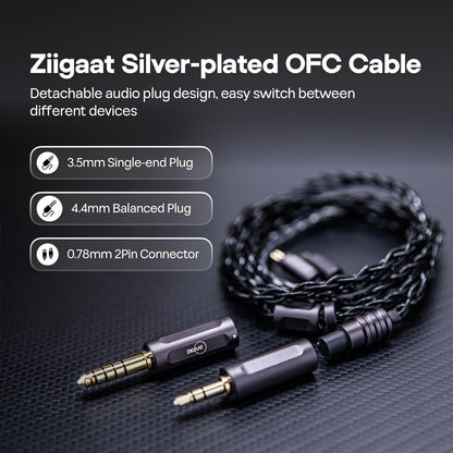 ZiiGaat silver-plated OFC cable with 3.5mm, 4.4mm plugs and 0.78mm 2-pin connector for versatile device compatibility.