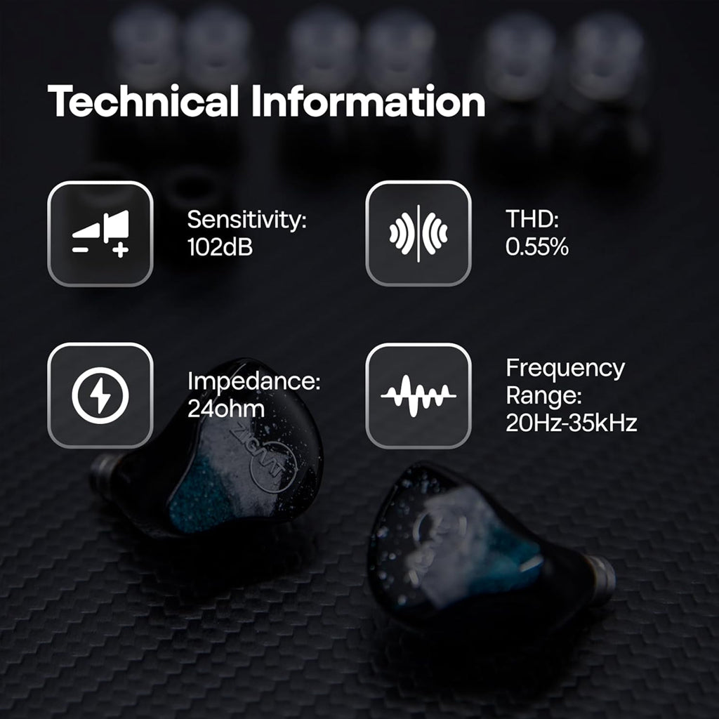 Technical specifications of ZiiGaat Horizon IEM including 102dB sensitivity, 24Ω impedance, and 20Hz–35kHz frequency range.